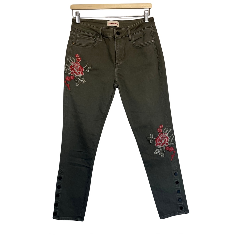 DRIFTWOOD Olive Green Embroidered Cropped Skinny Jeans